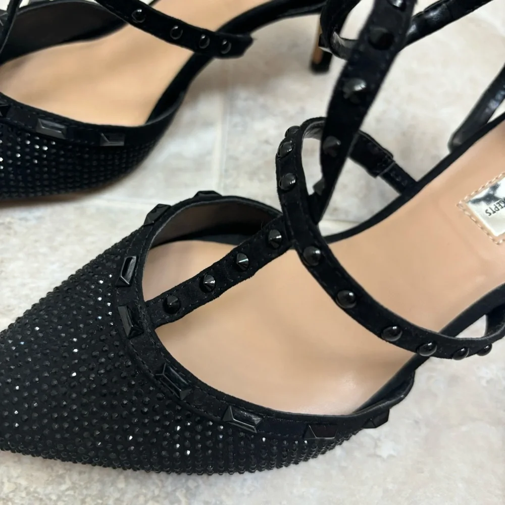 INC pointed toe black studded kitten heel pumps with ankle straps - Picture 3 of 7